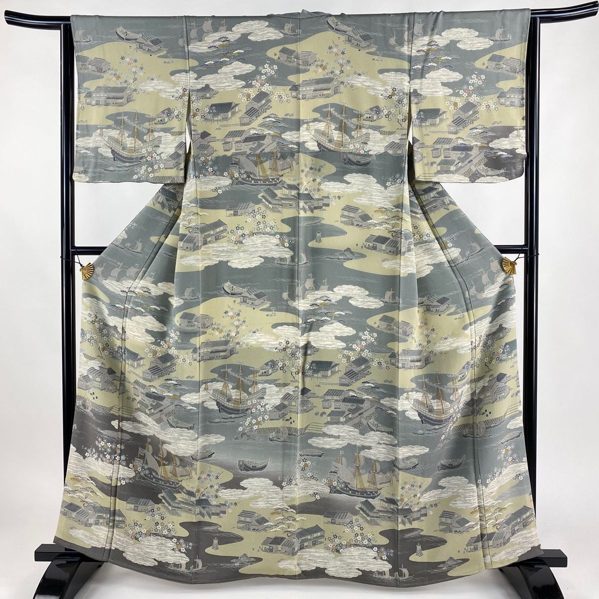 訪問着 身丈161cm 裄丈63cm S 袷 家屋 船 金彩 縮緬 灰色 正絹 名品