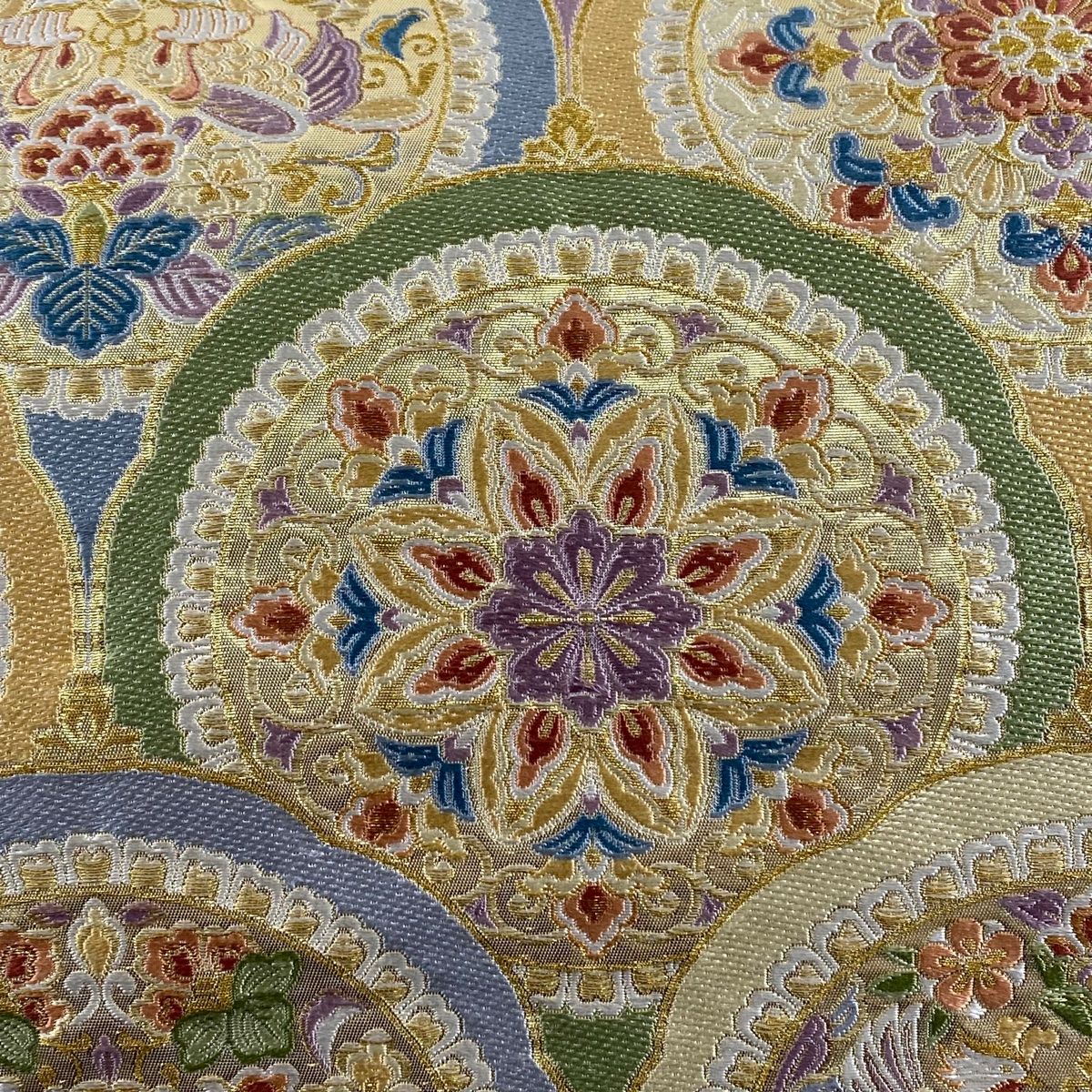 袋帯 秀品 瑞祥麗華文 花鳥 刺繍 金糸 ベージュ 六通 正絹