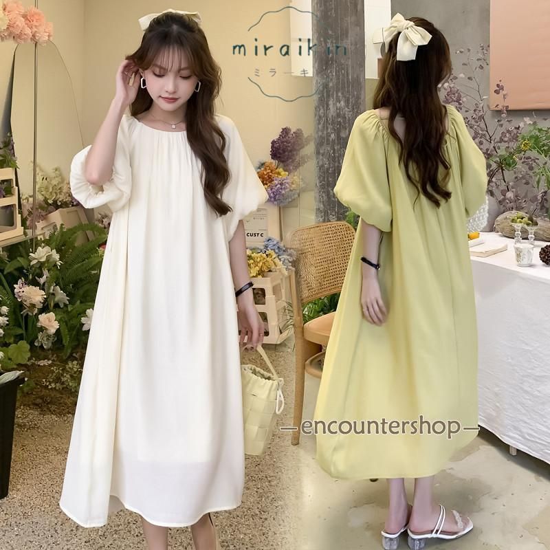 マタニティ ワンピース 夏服 ロング 半袖 ミモレ丈 aライン パフスリーブ ボリューム袖 産前産後 リゾート 30代40代 レディース 夏 さらっと ゆると アジアン