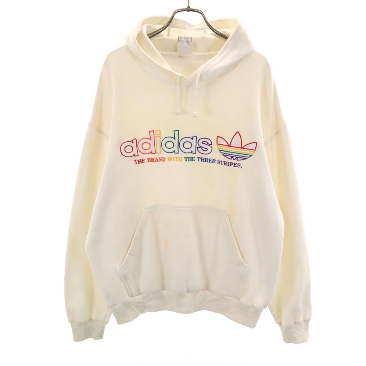 adidas アディダス 80s デサント製 ヴィンテージ トレフォイルロゴ 長袖 スウェットパーカー O アイボリー プルオーバー メンズ 古着