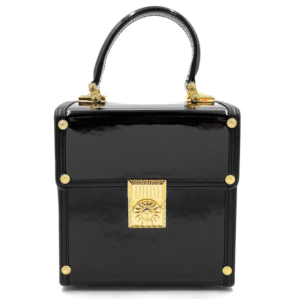 美品 VERSACE ヴェルサーチ バニティ ハンドバッグ サンバースト レザー ヴェルサーチェ サンバースト ロゴ ハンドバッグ ヴァニティ