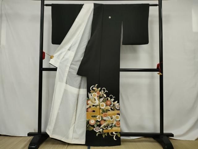 平和屋着物□豪華黒留袖 駒刺繍 花鳥文 金彩 銀糸 正絹 逸品