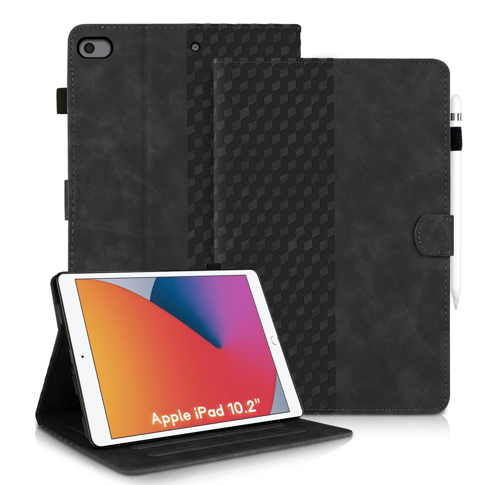 傷つけ防止 スタンド機能 カードポケット PUレザー 薄型 オートスリープ機能 ケース 2021 2020 2019年 第9 8 7世代 10 2 スマートケース ブラック iPad 収納 P