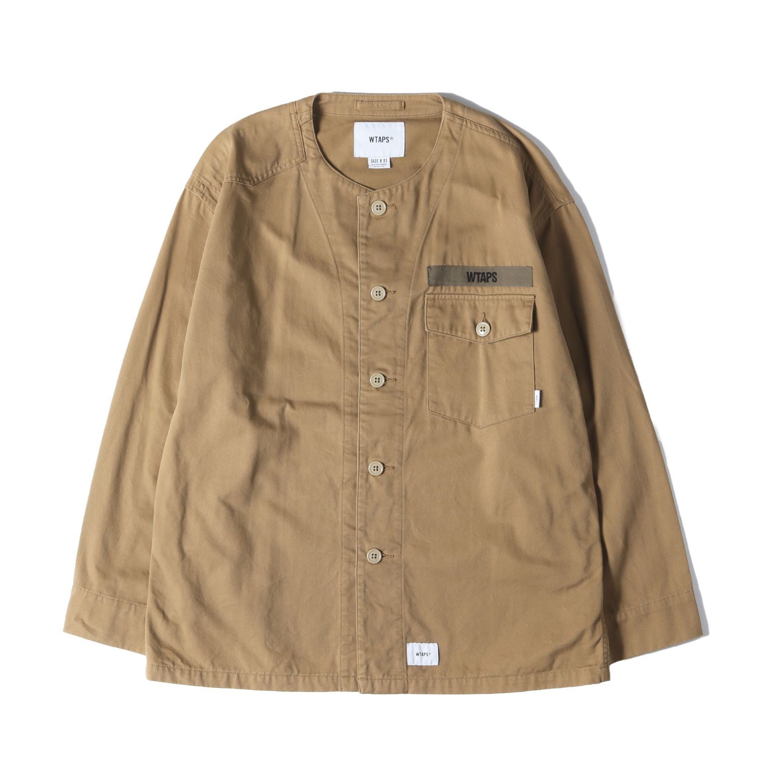 美品 WTAPS ダブルタップス ジャケット サイズ:S ノーカラー ミリタリー シャツジャケット (SCOUT / LS) ベージュ アウター ブルゾン 上着【メンズ】