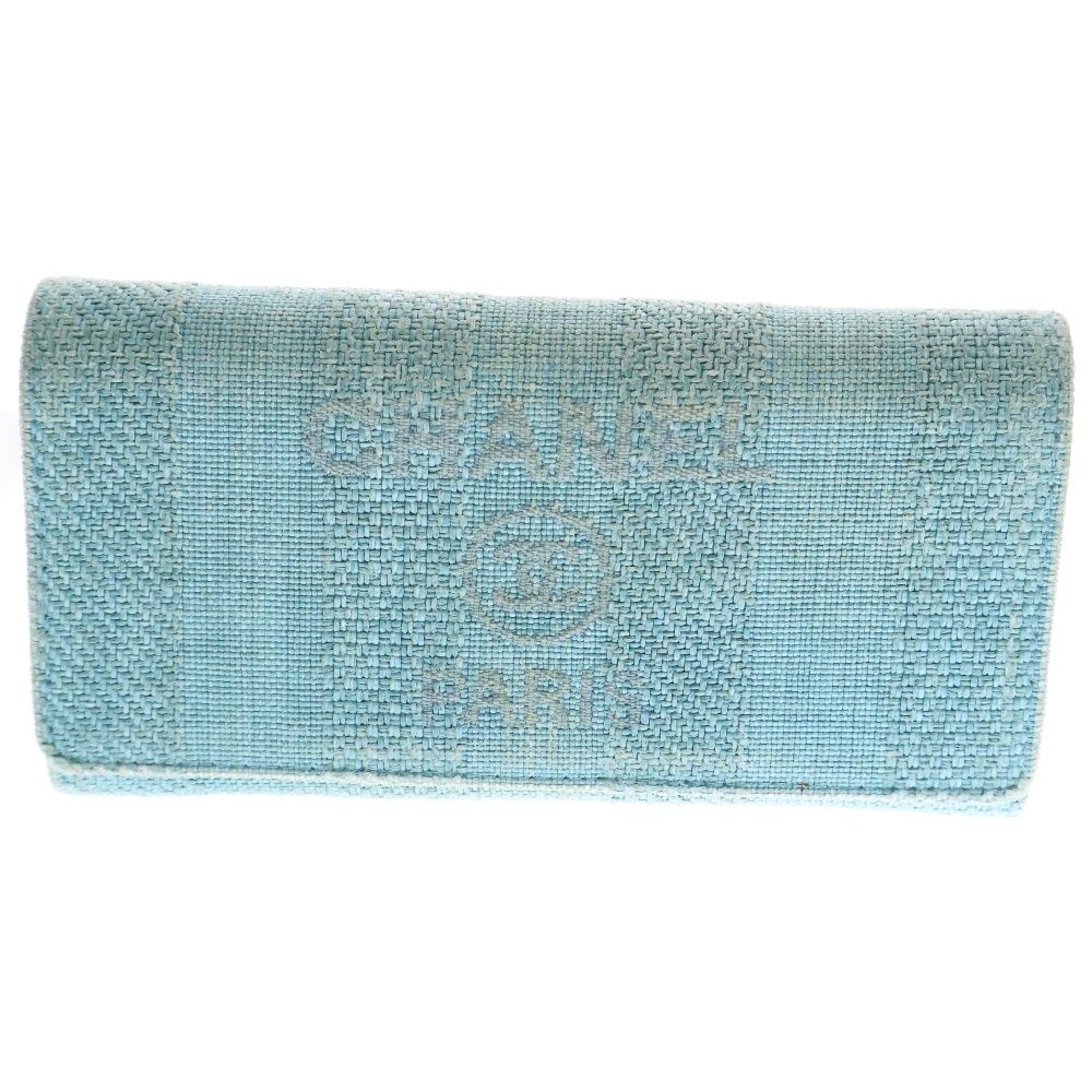 CHANEL シャネル ドーヴィル ロングフラップウォレット ブルー キャンバス 二つ折り財布 シリアルシール