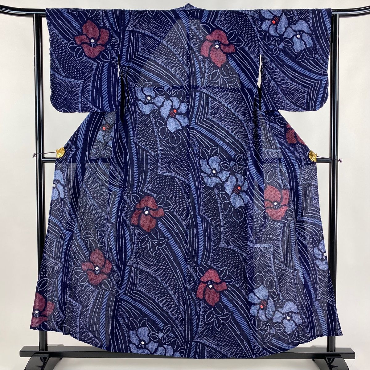 浴衣 身丈154cm 裄丈61.5cm S 絞り浴衣 椿 濃紺 綿 名品