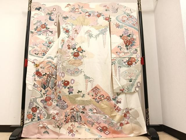 金彩 姫 裄67 御所車に花柄 素敵なデザイン 付下げ 正絹 AK-7013 平和屋着物◎六通柄袋帯 御所車花文 金糸 正絹 逸品 AAAM3588sx