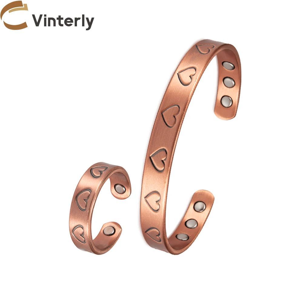 Vinterly-カップル、ハートブレスレット、磁気療法、エネルギージュエリーセット、ヴィンテージオープンレッグ用の調整可能な磁気リング、サイズ変更可能なマグネット