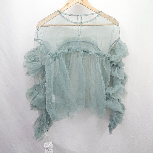 ⊂ アンドレスド シンプル系 長袖 decorative tulle tops サイズF グリーンブルー系 レディース E 1507250007982