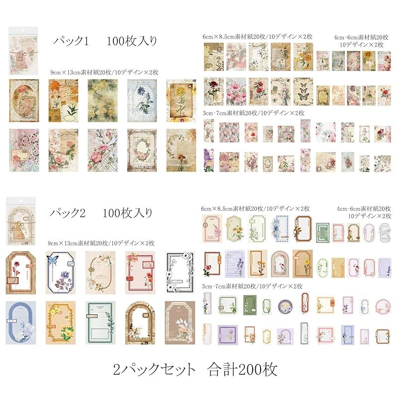 新品　Ta merry コラージュ 素材 デザインペーパー 詰め合わせ パック 素材紙 紙もの シール レトロ かわいい 女の子 おしゃれ ノート 背景紙 ペーパー 200枚 セット 大容量 沢山 ヴィンテージ アンティーク 花 フレーム (鏡の中の花)