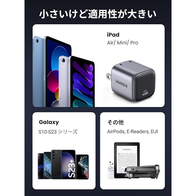 UGREEN Nexode Mini 20W PD 充電器 USB-C 急速充電器 【GaNFast(窒化ガリウム) 採用 超小型 折畳式プラグ PD3.0/PPS/QC4+規格対応/PSE技術基準適合】 タイプc 充電器 iPhone15-8シリーズ/G 1