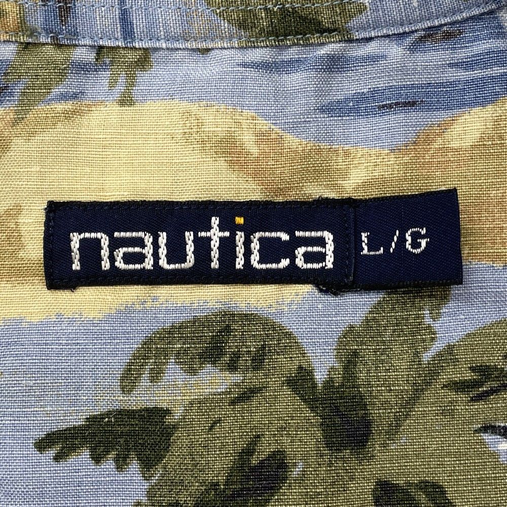ノーティカ NAUTICA アロハ シャツ 半袖 ヤシの木･花柄 総柄 サイズ：L アイボリー×イエロー×グリーントップス