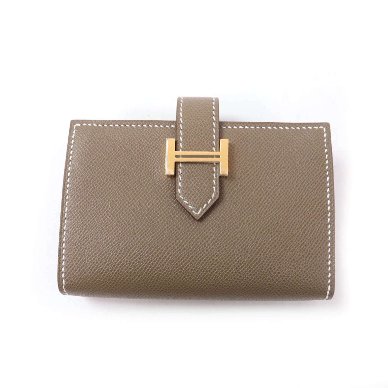 HERMES エルメス ベアン ミニ エトゥープ ゴールド金具 Hロゴ金具 ミニウォレット コインケース付 ヴォーマダム カードケース W刻印 き フランス製 レディース