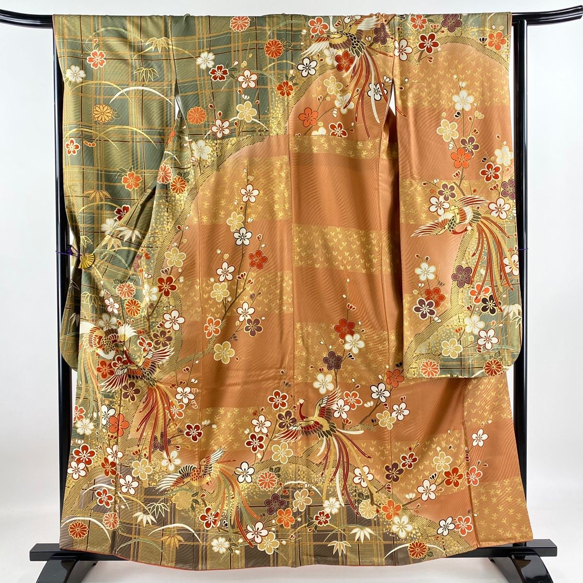 振袖 身丈159.5cm 裄丈65.5cm M 袷 尾長鶏 枝梅 金彩 染め分け 灰 