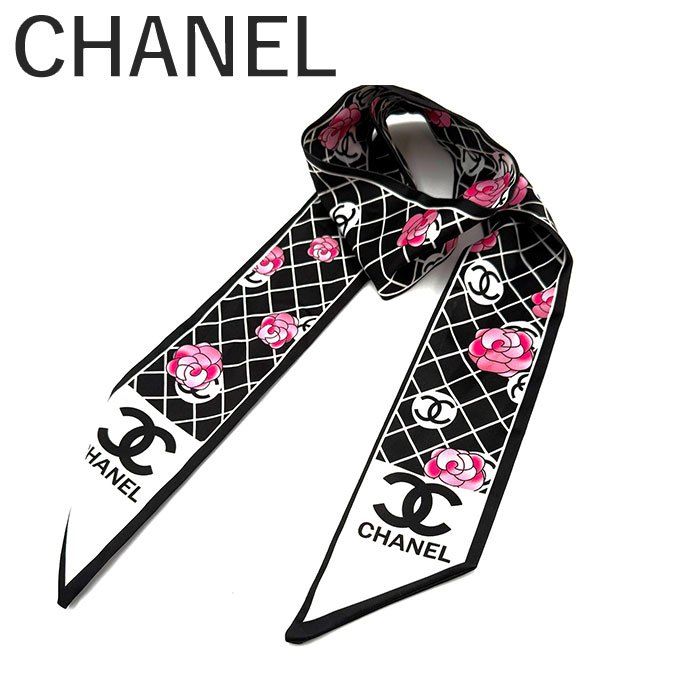 シャネル CHANEL バンドー スカーフ カメリア ロゴ柄 チェック ブラック ピンク ホワイト