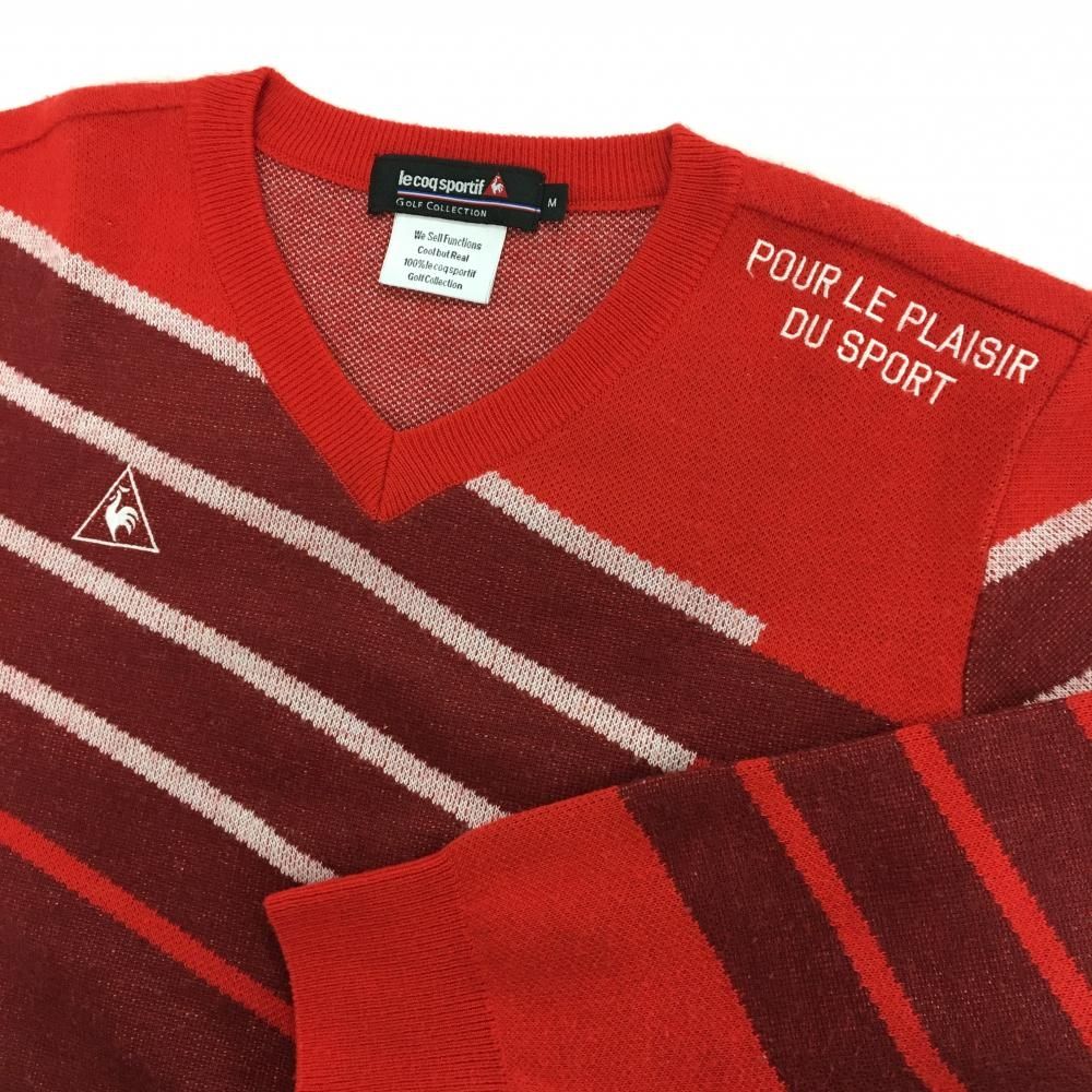 美品】ルコックゴルフ セーター レッド×ボルドー 斜めボーダー風 ロゴ