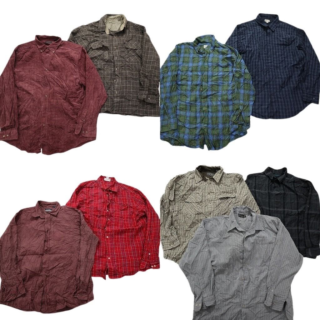 古着卸 まとめ売り チェック柄 長袖シャツ 9枚セット (メンズ XL ) ダブルフラップ ボタンダウン ボックスシルエット 中古 古着 MX6851