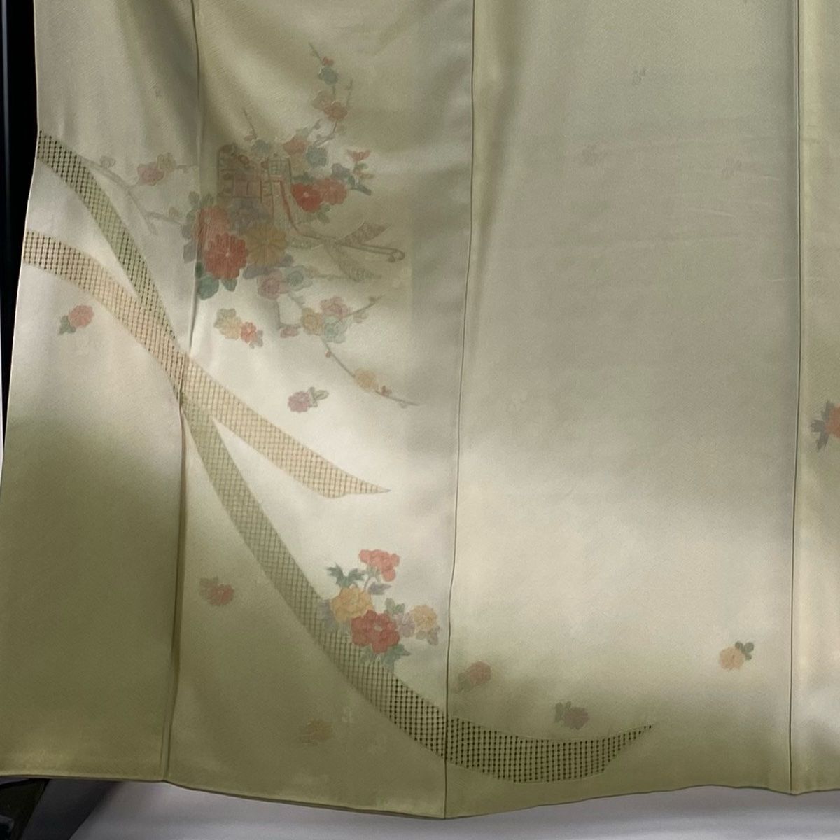 訪問着 身丈164.5cm 裄丈65cm M 袷 御所車 草花 刺繍 染め分け 灰緑 正絹 秀品