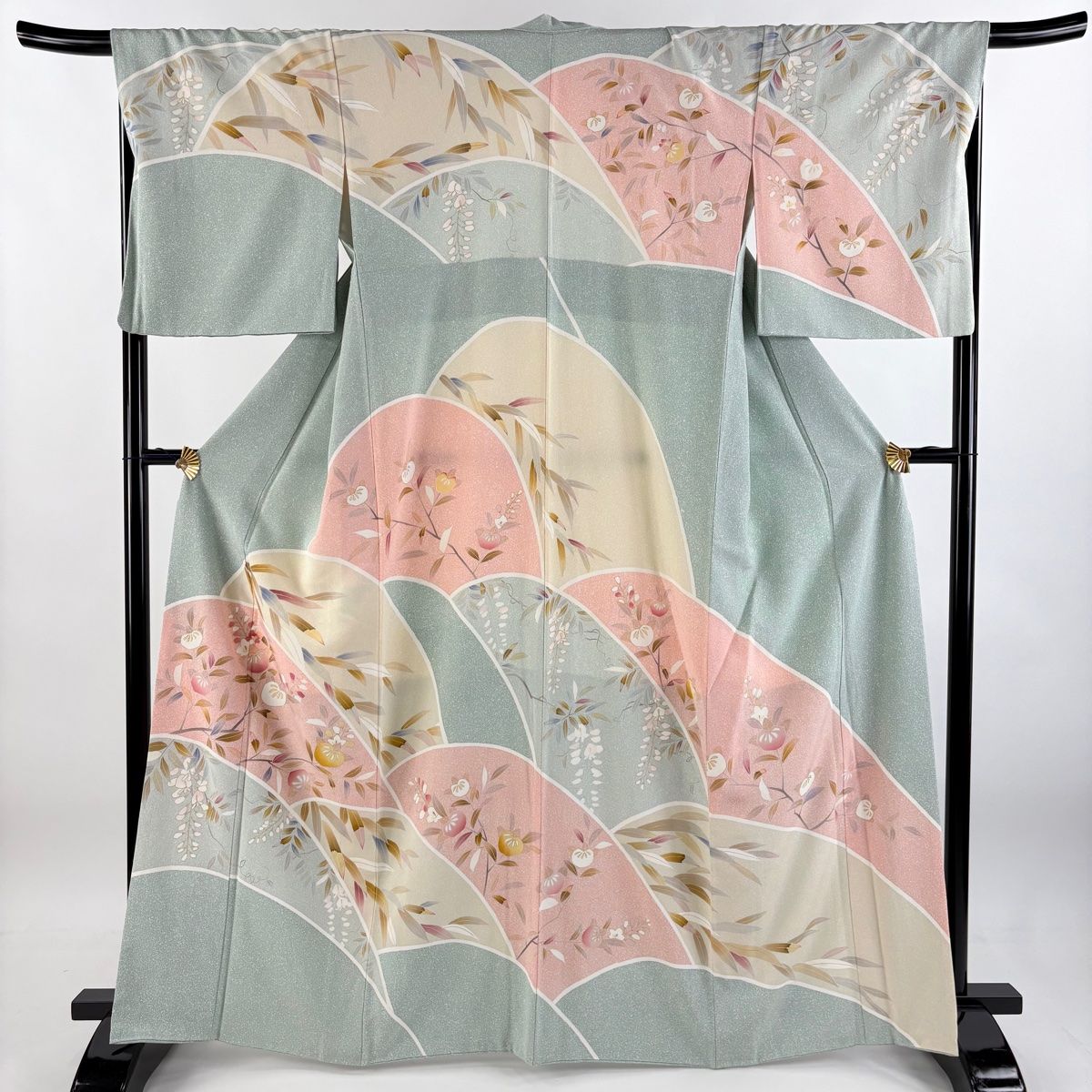 訪問着 身丈166cm 裄丈67cm M 袷 橘花 藤 金彩 薄緑 正絹 秀品