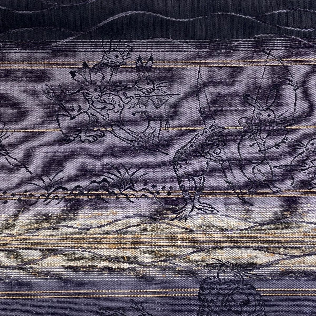 袋帯 鳥獣戯画 よろけ縞 紫 六通 正絹