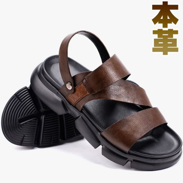 メンズ サンダル 本革 4cm 厚底 アンクルストラップ 踵調整 2way かかと おしゃれ シンプ レジャー スポーツサンダル 春 夏