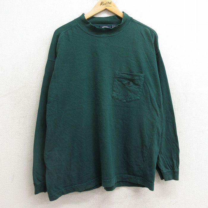 XL/古着 ドッカーズ 長袖 ビンテージ Tシャツ メンズ 90s ワンポイントロゴ 胸ポケット付き コットン モックネック ハイネック 緑 グリーン