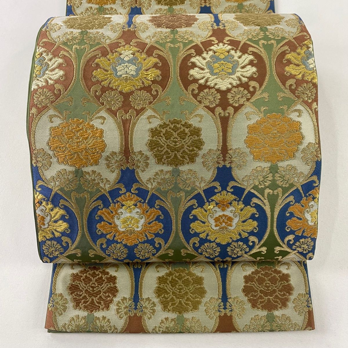O0617 美品 逸品 上品 ハイブランド 川島織物 正絹 本袋帯 袋帯 美品 逸品 川島織物 落款 草花 幾何学模様 金糸 灰緑 六通