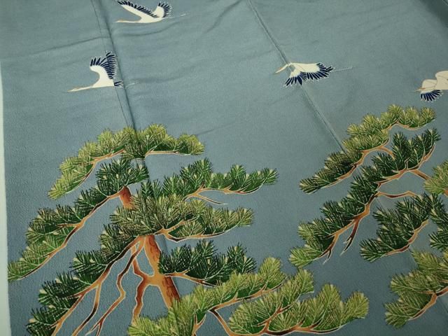 平和屋本店□極上 浦野理一 金彩友禅 色留袖 飛鶴松文 青藤色地 鬼しぼ