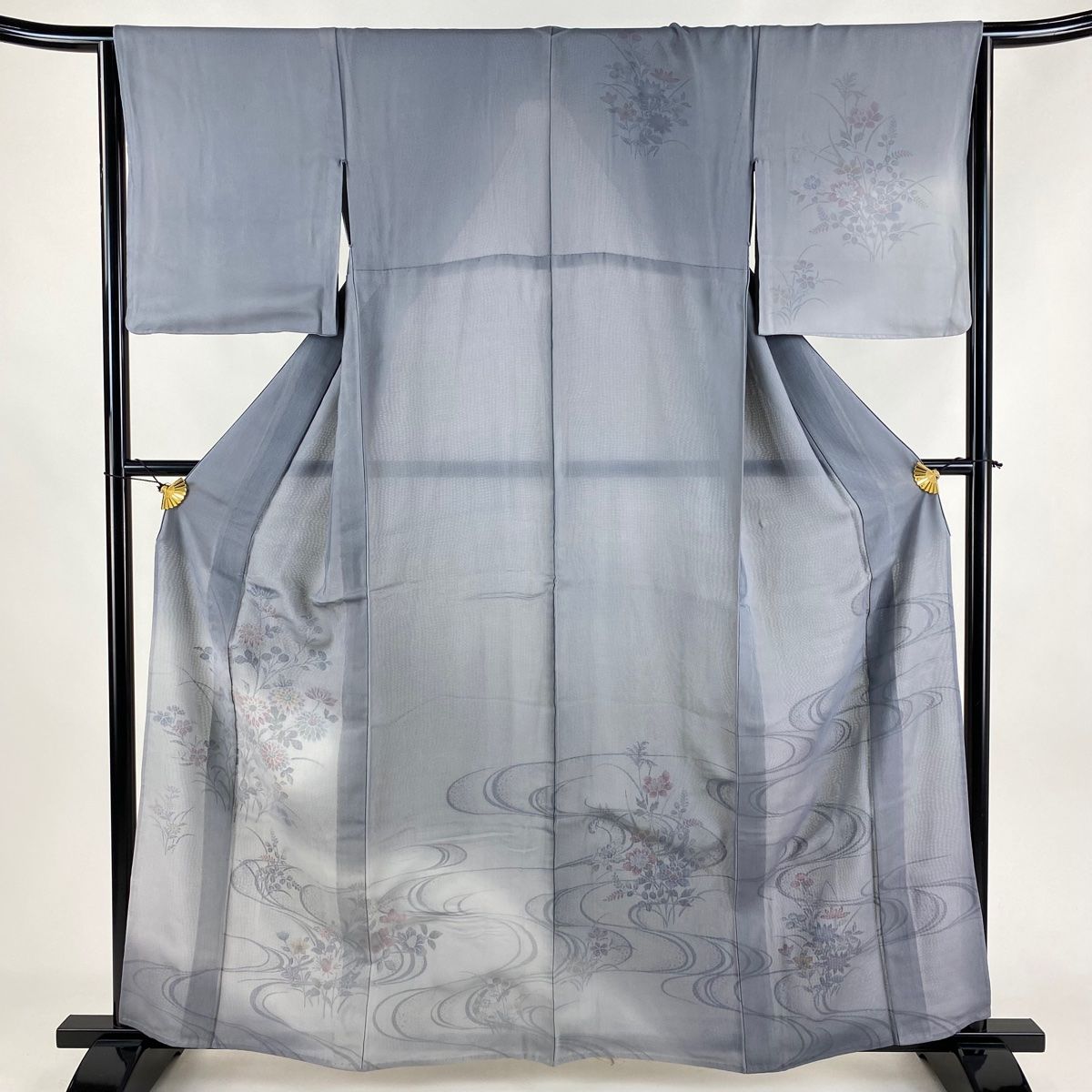 訪問着 身丈161cm 裄丈65.5cm M 紗絽袷 草花 流水 銀彩 灰色 正絹 秀品