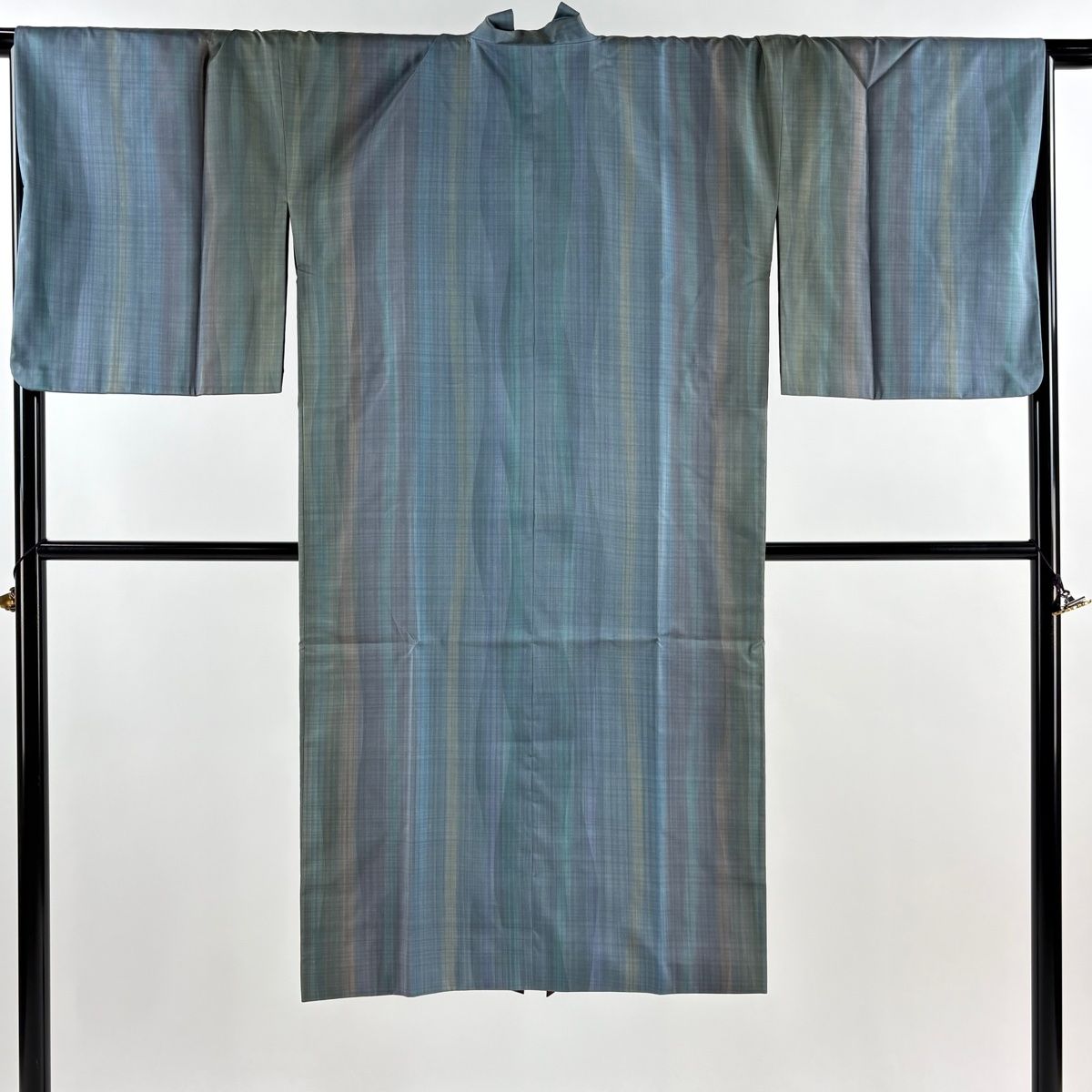 道中着 身丈124cm 裄丈68cm L 和装コート 着物衿 紬地 リバーシブル 縞 青灰色 正絹