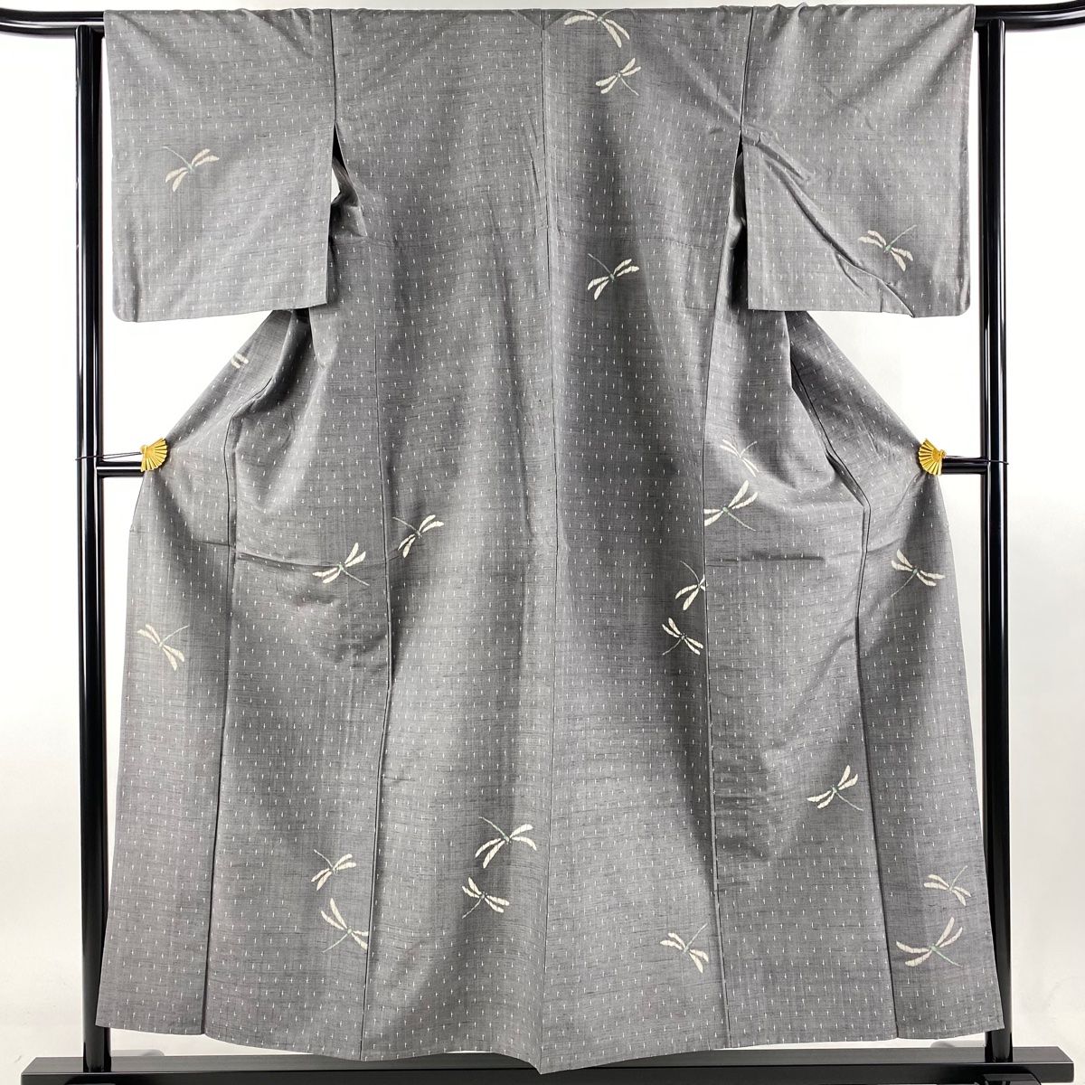 紬 身丈154.5cm 裄丈63cm S 単衣 とんぼ 灰色 正絹 秀品