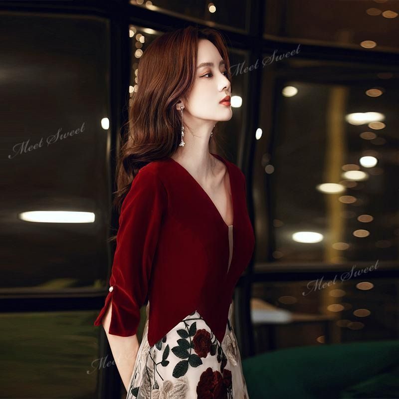 ワインレッド 花柄 5分袖 袖付き 秋冬 ウェディングドレスドレス パーティードレス 演奏会 発表会 結婚式 二次会