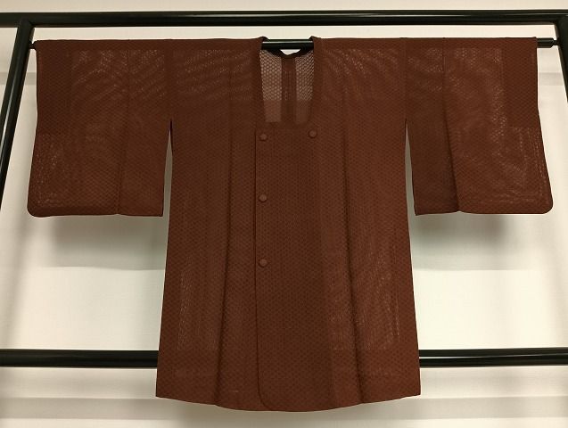 平和屋-こころ店道行コート　スリーシーズン　春夏秋　塵除け　もじり織　市松文様　海老茶色　正絹　逸品　AAAH0091Boa