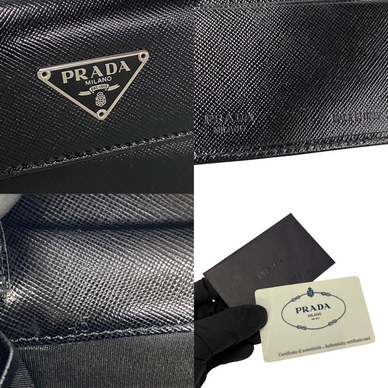 ほぼ未使用 カード付 PRADA プラダ 三角ロゴ 金具 サフィアーノ レザー 本革 二つ折り 財布 折り財布 ミニ ウォレット ブラック 80257