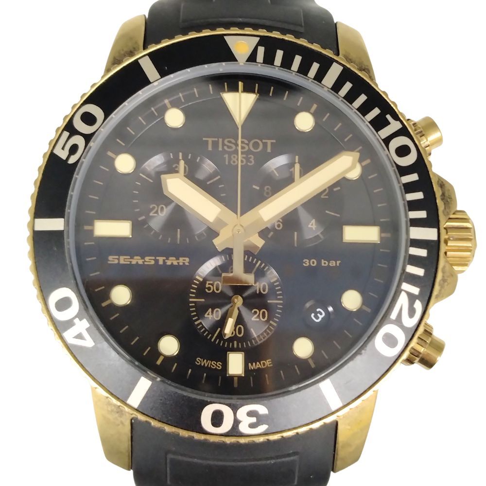 多機能な TISSOT ティソ SEASTAR シースター 1000 クロノグラフ クォーツ 腕時計 ブラック ゴールド C818
