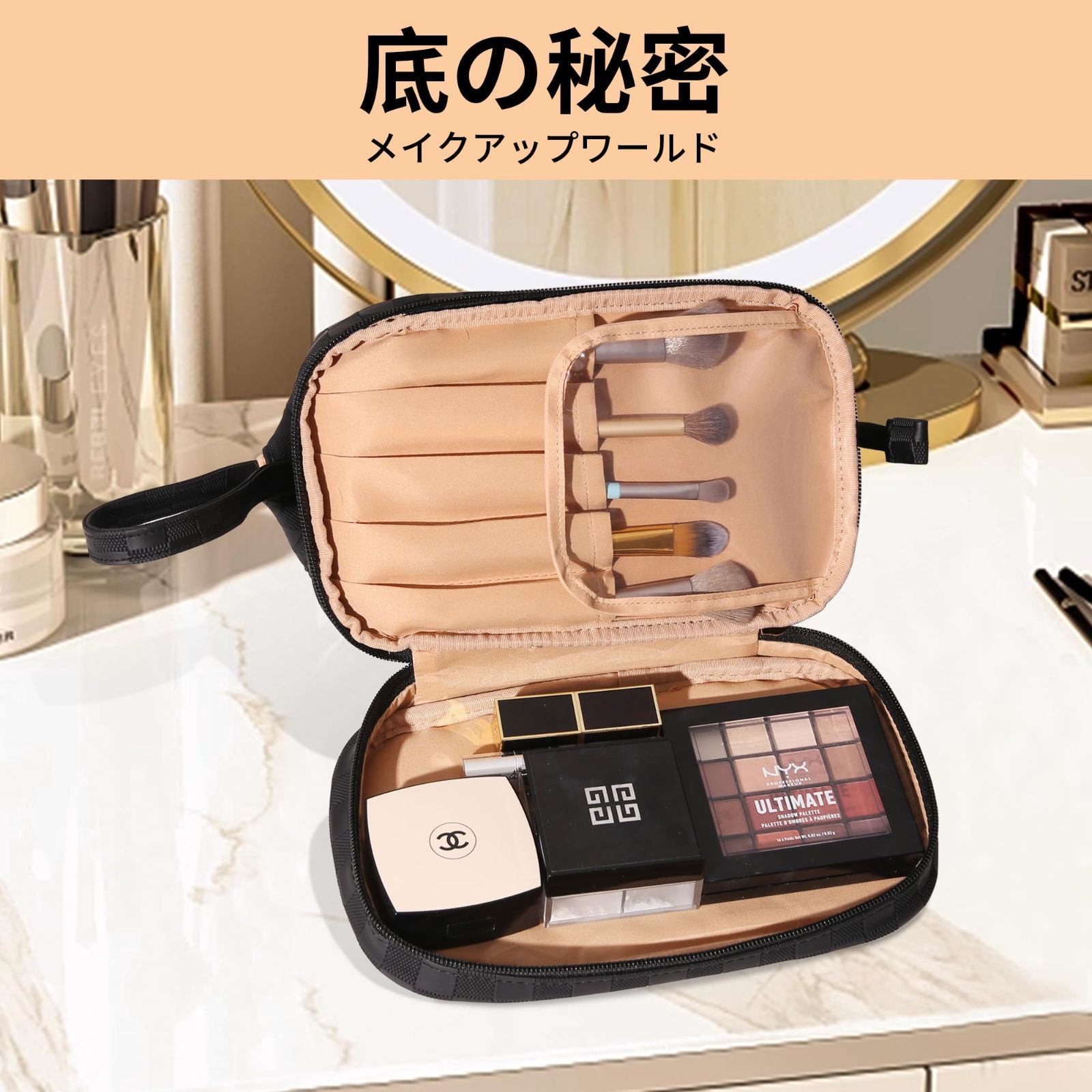 Abiudeng 大容量防水 2層化粧ポーチ PUレザー オレンジ