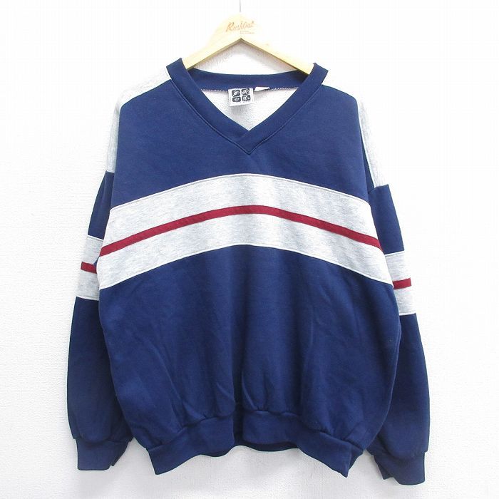 XL/古着 長袖 スウェット メンズ 90s 大きいサイズ Vネック 紺他 ネイビー 24sep02 中古 スエット トレーナー トップス
