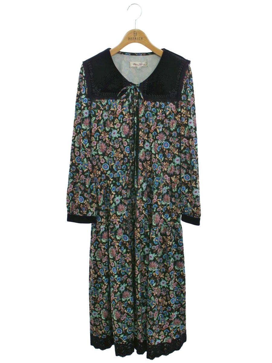 スーパービューティー　襟・袖ベロアビジュウ　花柄長袖ひざ丈ワンピース　42 Super Beauty ワンピース 花柄 サイズ42 膝丈 ベロアリボン スーパー