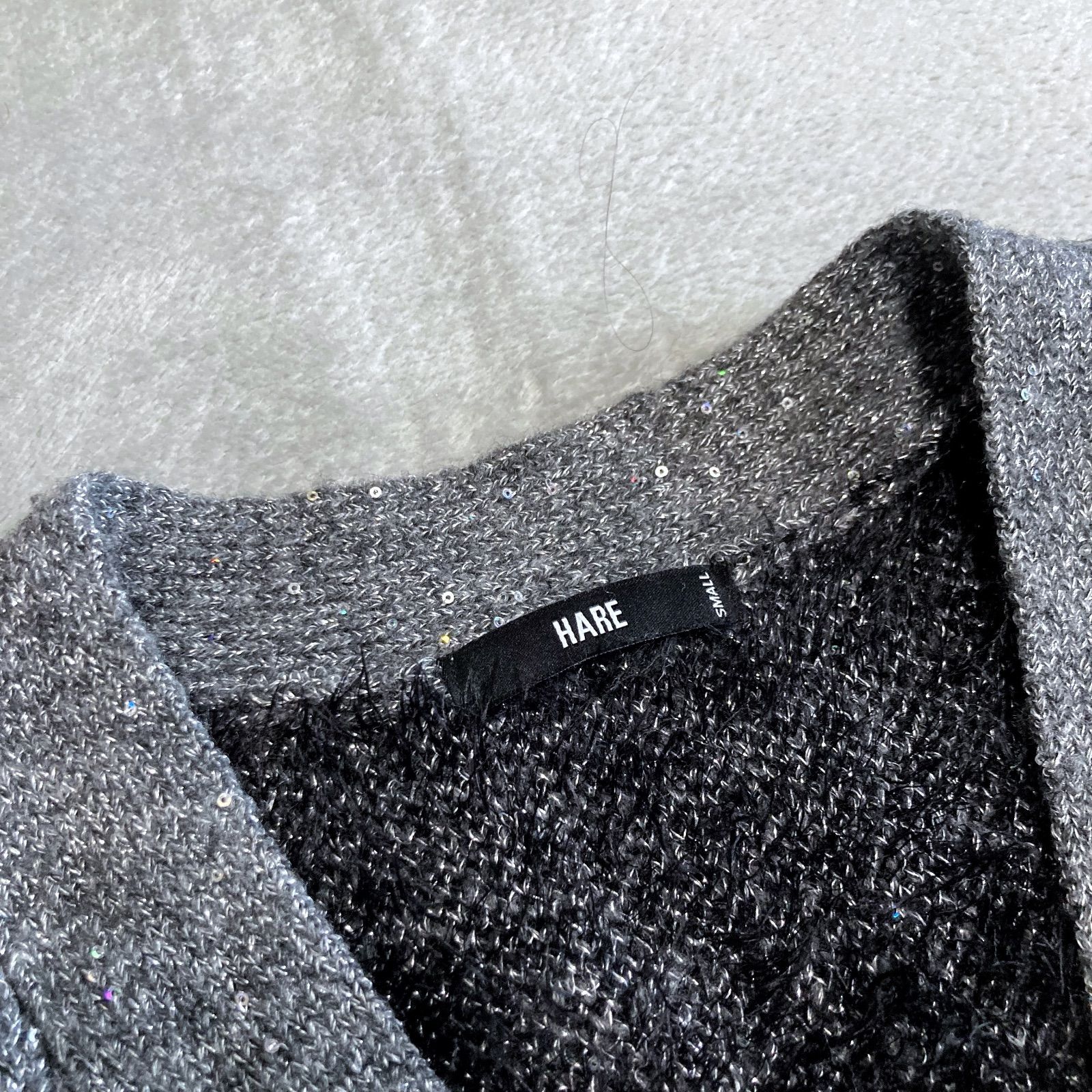 品質100 ％ 保証！ HARE イソザイラインスパンコールカーディガン グレー Sサイズ 肉厚 ビッグシルエット 品質保障!
