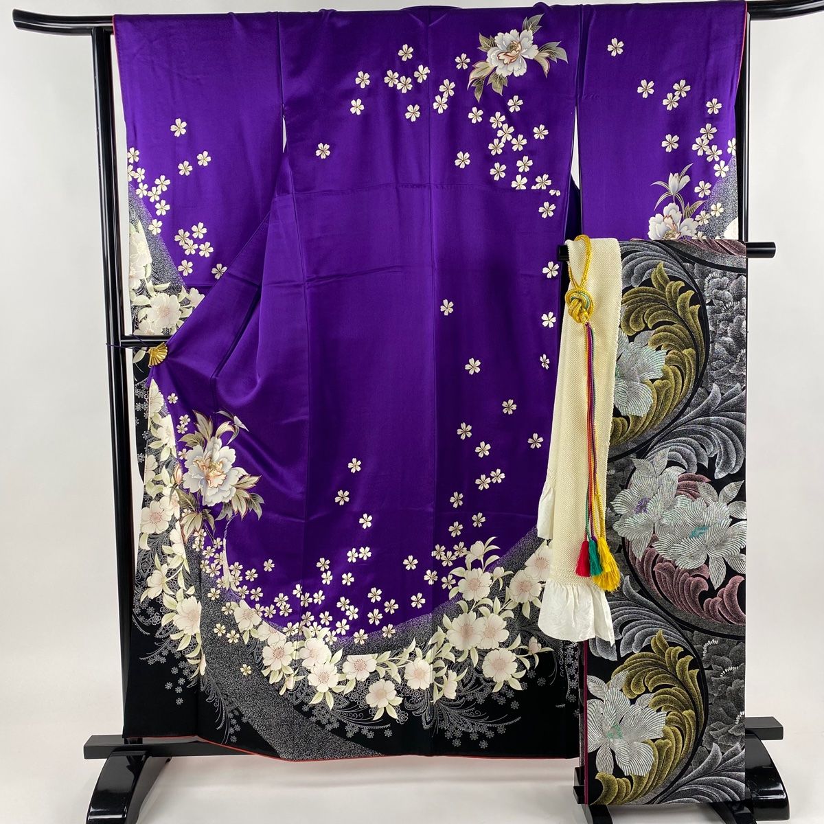 振袖 身丈160cm 裄丈64.5cm M 袷 袋帯フルセット 草花 桜 金糸 金彩 紫  
