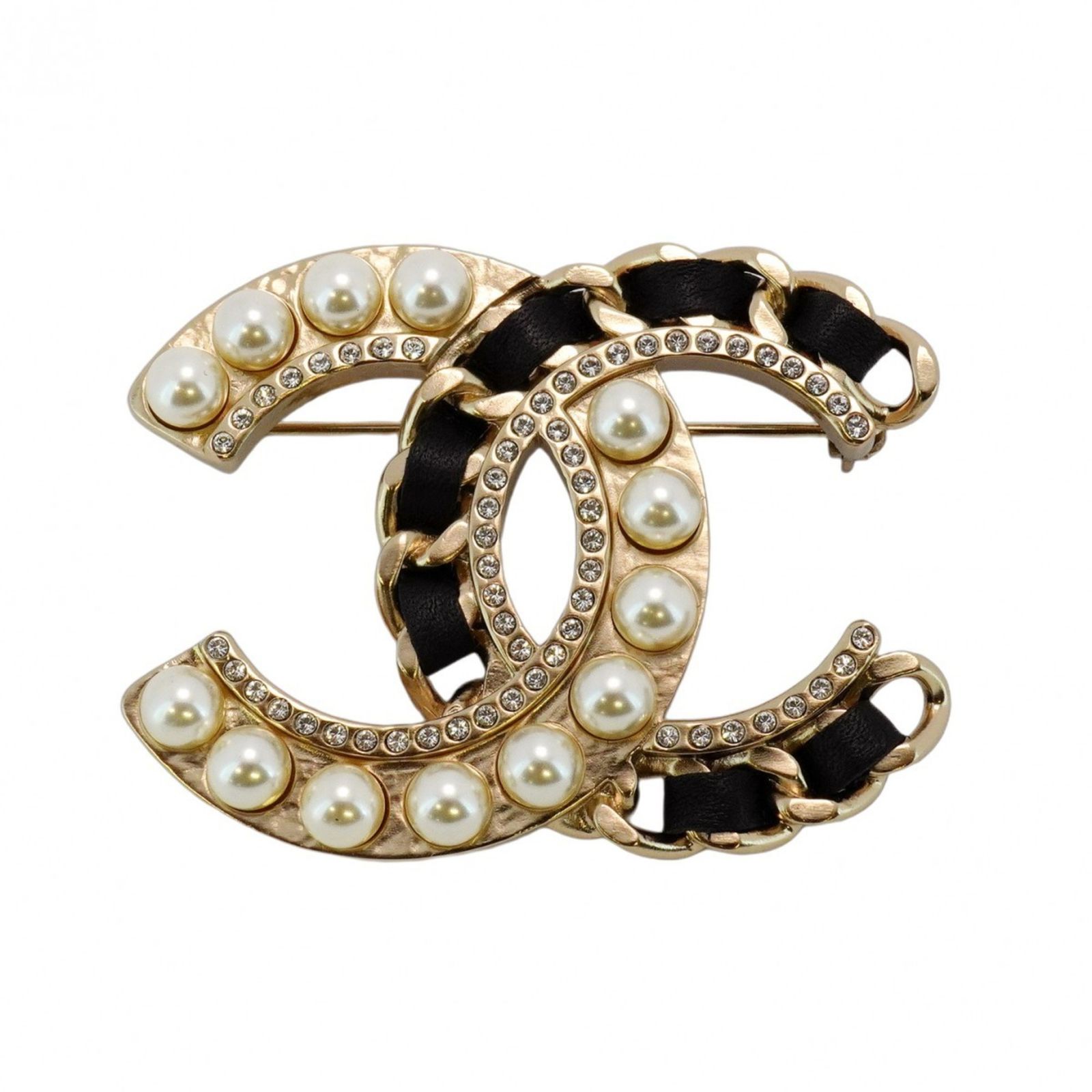 シャネル Chanel シャネル ブローチ ココマーク GPメッキ レザー フェイクパール ラインストーン シャンパンゴールド ブラックレディース