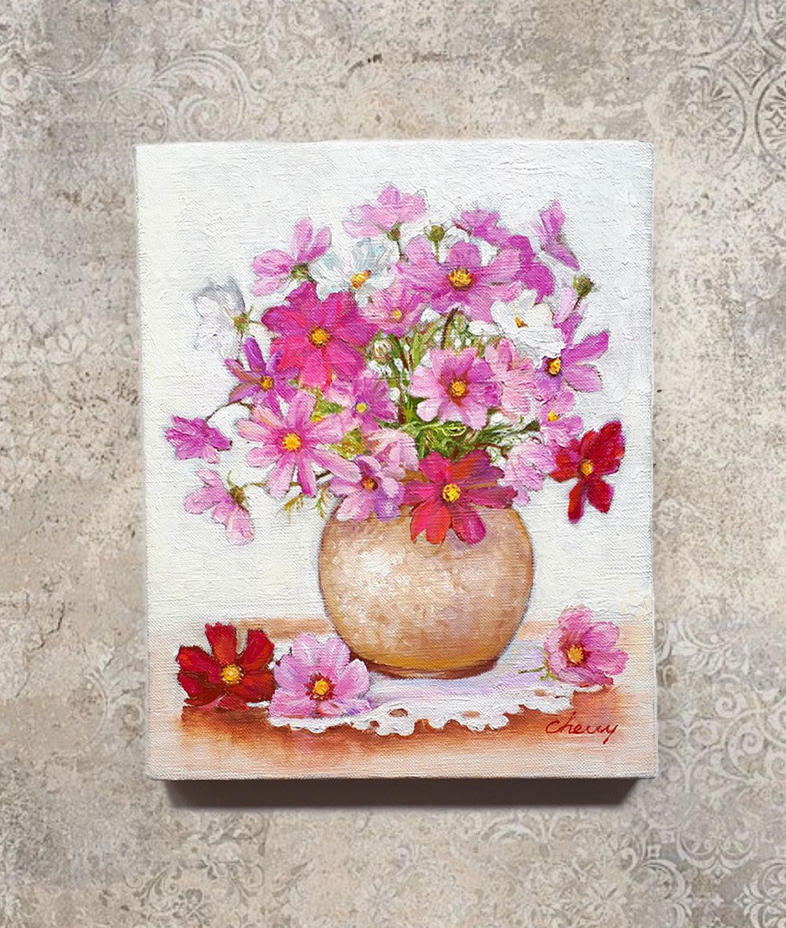 絵画　油絵　原画　一点物　アート　花　パンジー　可憐　SM 一点物】『 可憐（コスモス） 』油絵 F3号 油彩 油画 絵画