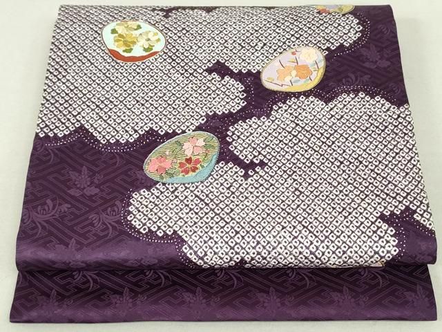 平和屋着物●九寸開き名古屋帯 絞り 駒刺繍 貝合わせ花文 金彩 正絹 DAAT0507ob