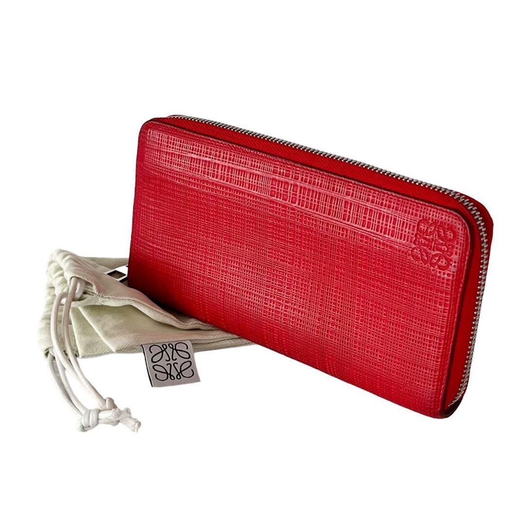 LOEWE ロエベ リネン 長財布 ラウンドファスナー レッド ロゴ