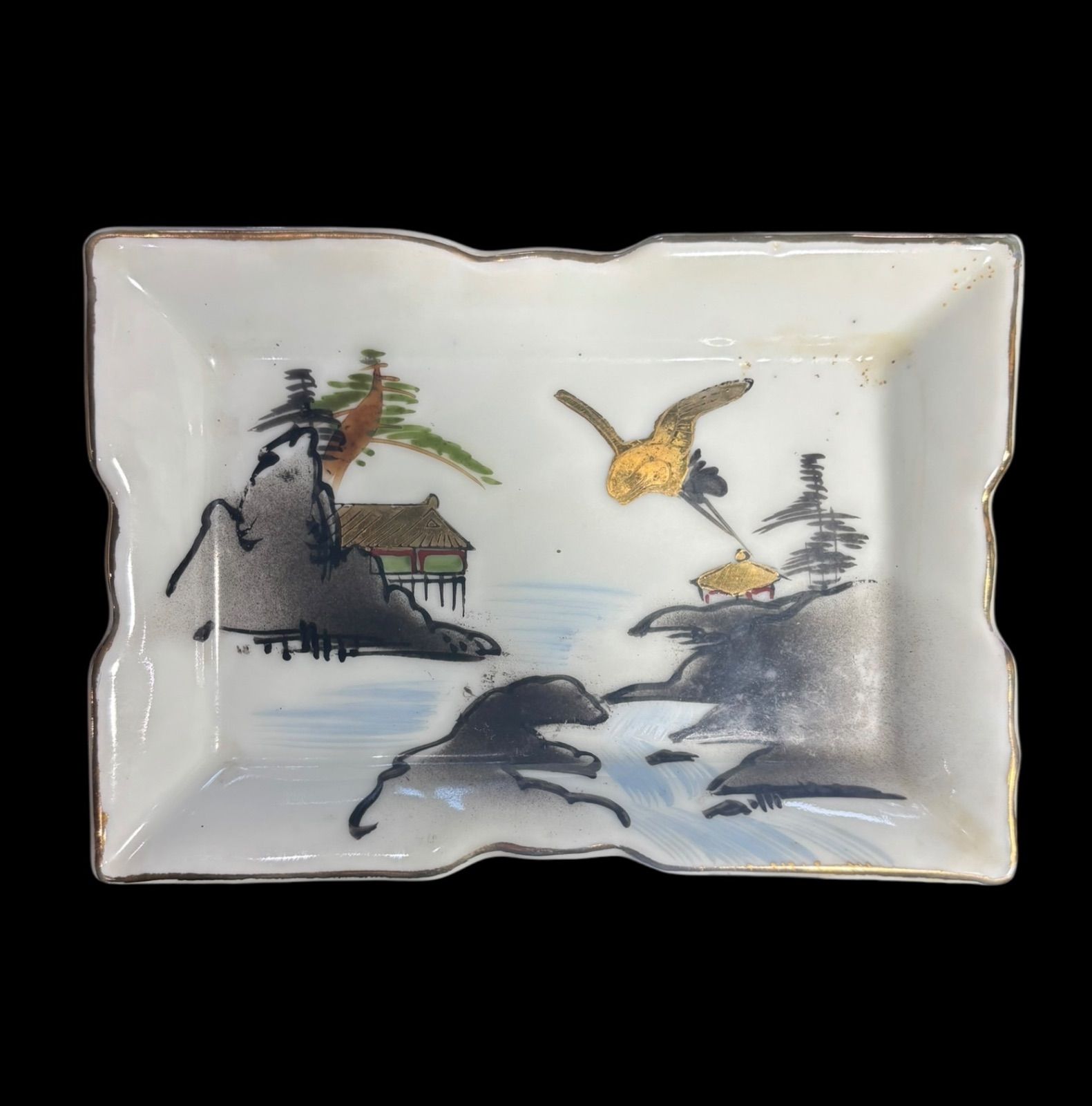 四角皿 時代物 珍しい絵柄品 2客セット】色絵 四角皿 鳥山水風景図 時代物 角皿 変形皿 小皿