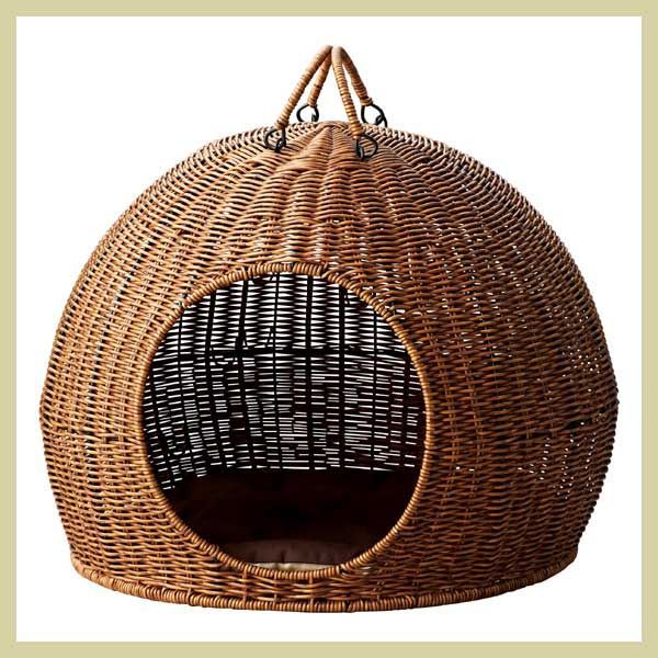 ＰＰ ２Ｐセット クローンラタンのペット バスケットハウス クッション入り 44×42×35cm かご ポリプロピレン 籐風 リーズナブル レトロモダン 水に強い 小動物 犬猫 キャット ドッグ 小型犬 おうち ベッド ドーム型 丸型