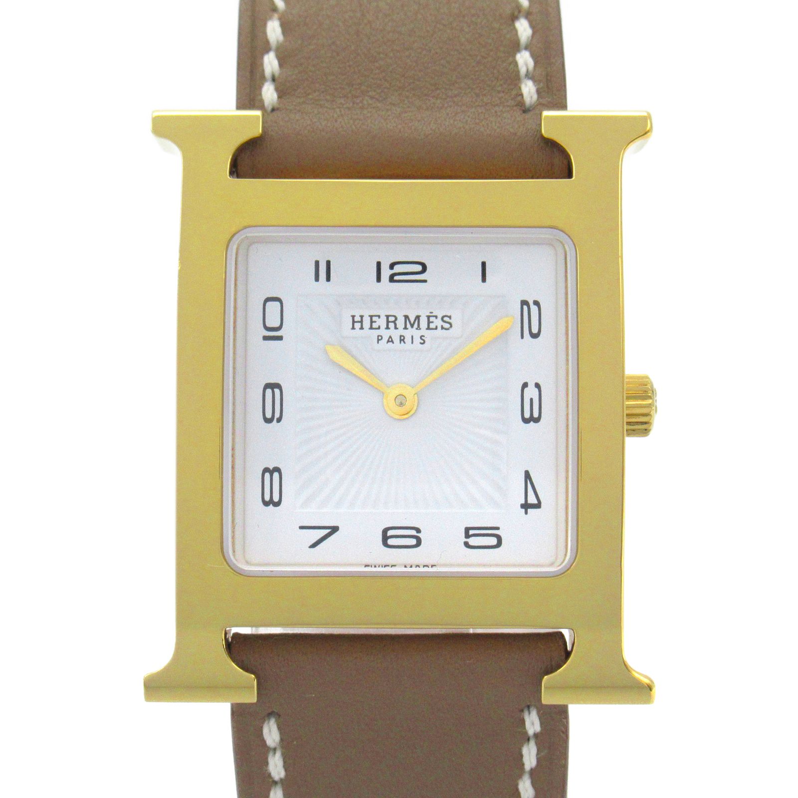エルメス HERMES 腕時計 Hウォッチ HH1.510 ホワイト GP（ゴールドメッキ） レザーベルト Hウォッチ ボーイズ Used A