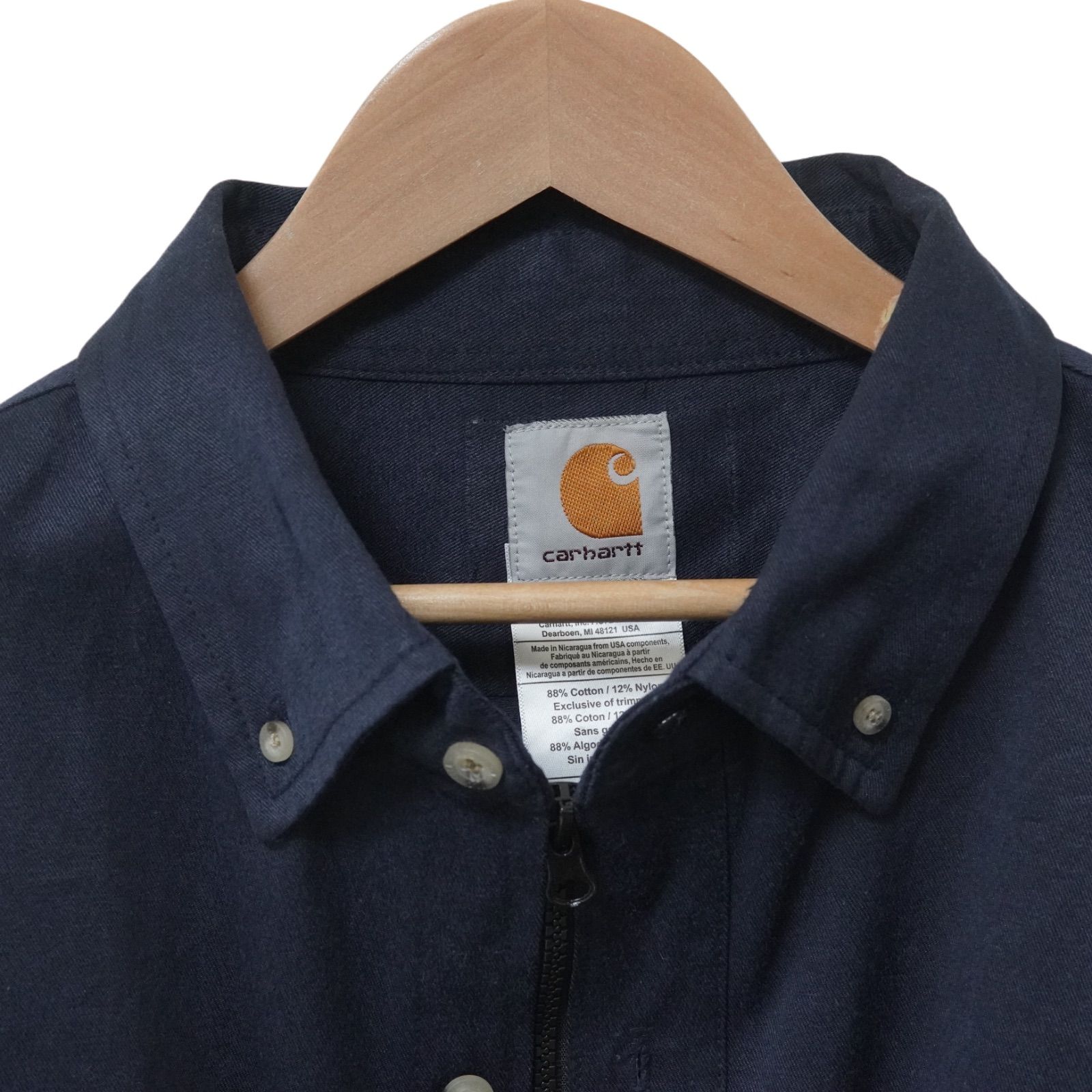 カーハート クロップド丈 シャツ ジャケット L ネイビー 光沢生地