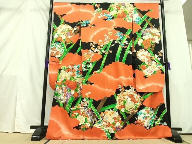 平和屋着物○豪華色留袖 扇面枝花文 金彩 正絹 逸品 AABA5227ph