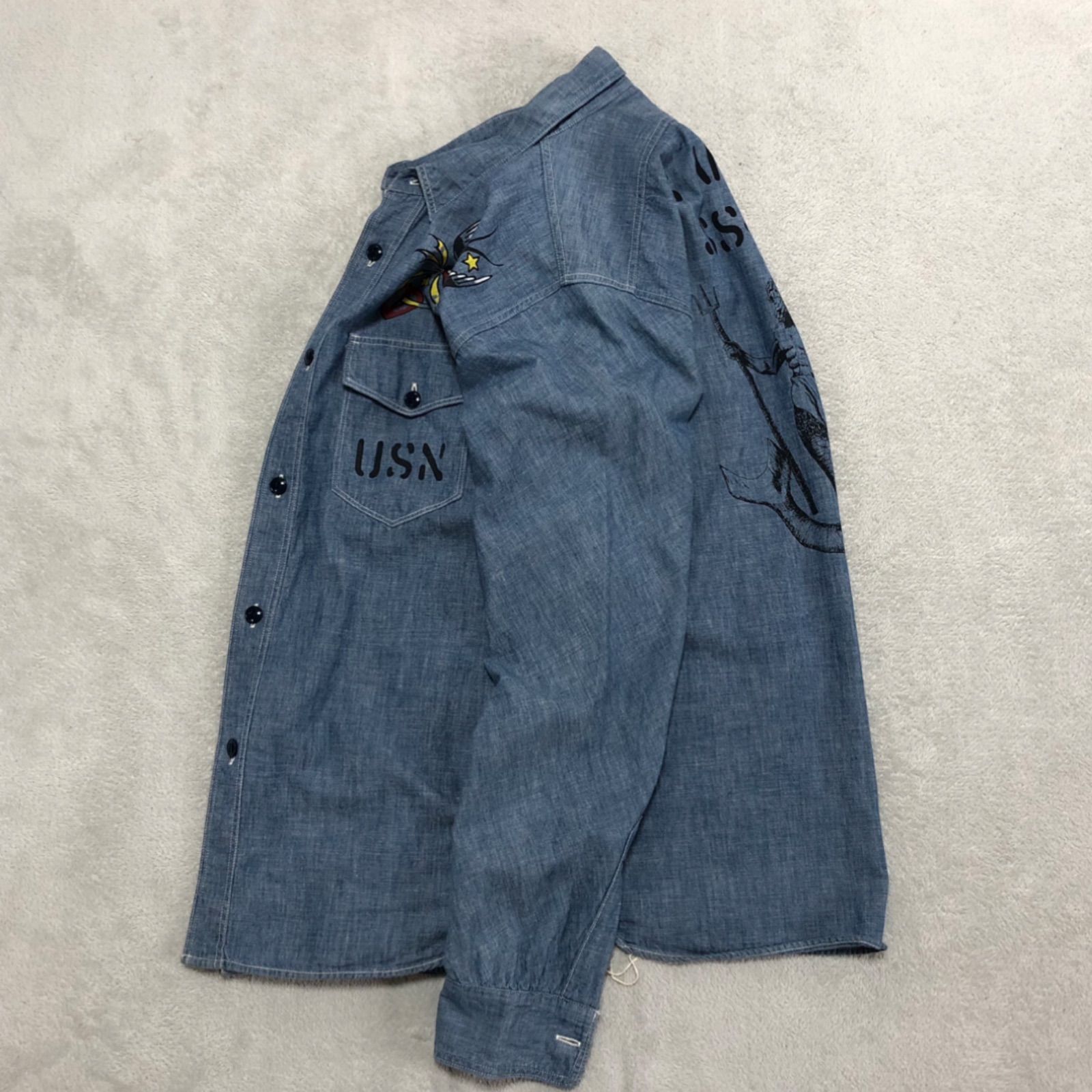 REAL McCoyOVERALLS CO シャツ　両ポケット　USN プリント The REAL McCOY'S ザリアルマッコイズ U.S.N. CHAMBRAY SHIRT S